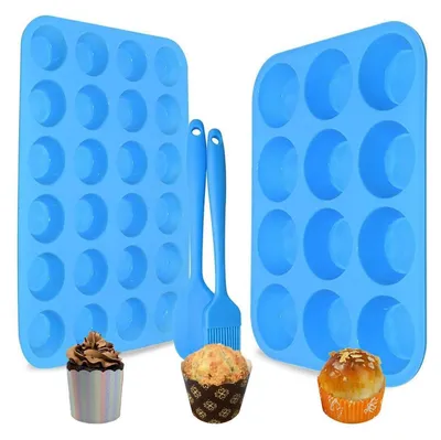 Image de Moules à muffins en silicone, lot de 2, 12 et 24 cavités, couleur bleue, sans BPA, antiadhésifs