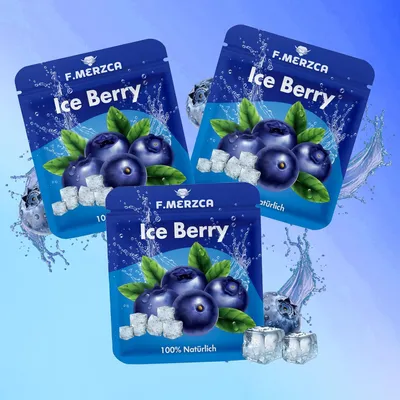 Three pouches of 'Ice Berry' flavored filter products are displayed with blueberries and ice cubes, against a blue and white gradient background with water splashes.