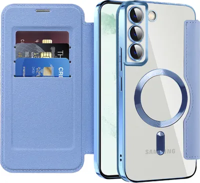 Image de Etui pour Samsung Galaxy S22+ 5G compatible avec MagSafe, étui transparent avec porte-cartes, étui en cuir avec protection de l'appareil photo Bleu clair