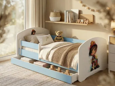 Image de Ensemble complet de lit d'enfant 140 x 70 cm | Lit avec tiroir, matelas et barrière de sécurité | Lit bleu et blanc pour filles et garçons, thème pompier