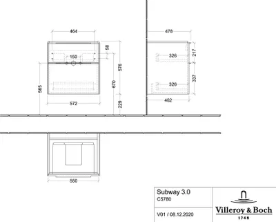 Produktbild von Villeroy & Boch Subway 3.0 Waschbeckenunterschrank, 2 Auszüge, 572x576x478mm, C57800RK