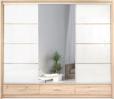 Obrázek produktu pro Šatní skříň Alaska 255x220x66cm posuvné dveře šatní skříň zrcadlo zásuvky Artisane dub bílý lesk
