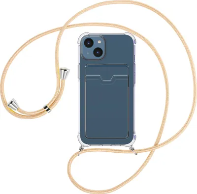 Produktbild von Handykette Backcover-Schutzhülle mit Band (Metall silberfarben) für Apple iPhone 15 - Goldkordel