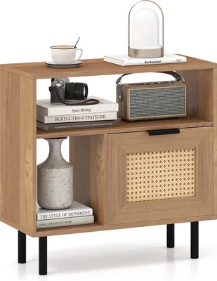 Obrázek produktu pro COSTWAY Odkládací stolek z ratanu, konferenční stolek s úložným prostorem, skříňkou a kovovými nohami, noční stolek v boho stylu do obývacího pokoje, ložnice, chodby