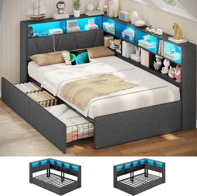 Image de Canapé-lit matelassé 140x200 avec espace de rangement (gris, 90x200 cm) | Lit pour adolescents 140x200 avec éclairage LED et station de charge | Divan-lit avec 9 espaces de rangement et 2 tiroirs
