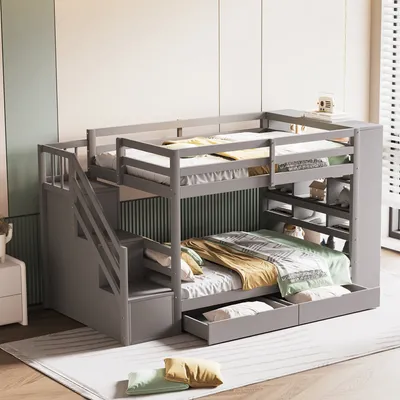 Produktbild von STILVORA Etagenbett 90x200cm Hochbett Jugendbett mit Rausfallschutz,Stockbett mit Schubladen und großen Schließfächern,mit Stauraum Treppe,Grau(Ohne Matratze)