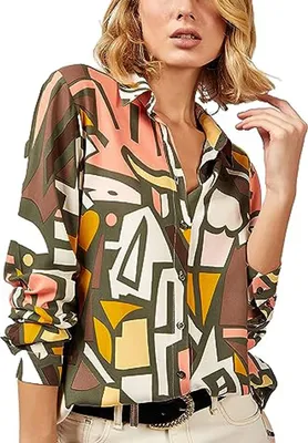 Produktbild von ASKSA Bluse Damen Langarm V-Ausschnitt Streifen Tops Knoepfen Hemden, Gruen, XXL
