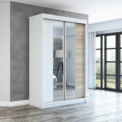 Produktbild von Schwebetürenschrank, 2-türig Schrank mit Spiegel! Moderne Garderobe für Kleidung. Verschiedene Farben (Weiß, Schwarz, Somona) Kleiderschrank NEO 120 cm