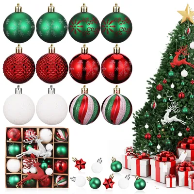 Weihnachtskugeln-Set, 46-teilig, Kunststoff, unzerbrechlich, grün, rot, weiß