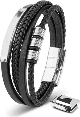 SERASAR | Kožený Náramok pre Mužov [Brave] z Stainless Steel | Farba: Strieborná | Dĺžka: 20cm