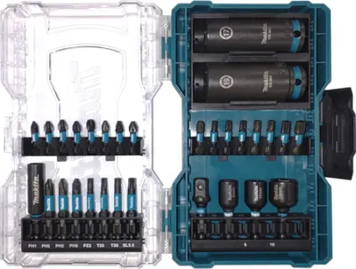 A set of Makita drill bits and sockets in a clear plastic case.