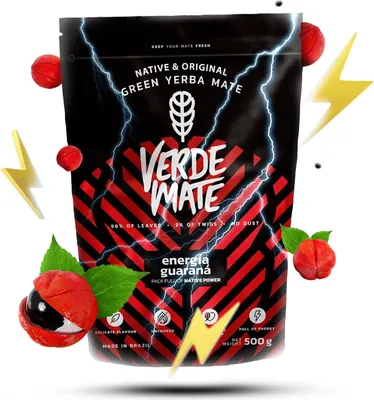 A bag of Verde Mate Green Energia Guarana yerba mate is shown with lightning effects and guarana fruits.