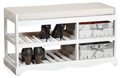 Obrázek produktu pro Lavice botník na boty truhla lavice koše dřevo polštáře lavice bílá šedá
