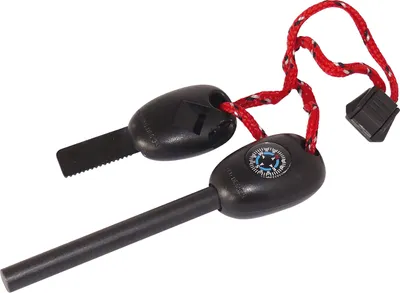 Produktbild von Outdoor-Survival-Set mit Feuerstein, Pfeife, Säge und Kompass