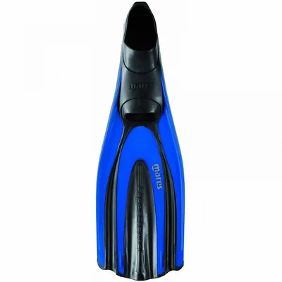 A single blue and black diving fin is shown against a white background.