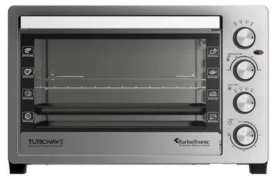 Produktbild von TurboTronic Minibackofen - EVS38 - 38 Liter mit Umluft und Drehspieß, Edelstahl, inkl. 2x Backblech, 2000W Mini Tisch Backofen Camping Pizzaofen Klein/Groß Kompakt Ofen mit Timer & Innenbeleuchtung