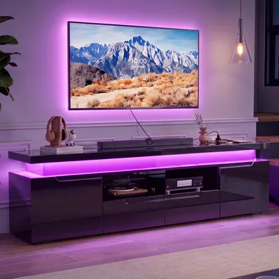 Immagine prodotto di Mobile TV INONEFT con illuminazione LED, basso mobile TV laccato lucido con USB e Type-C, dotato di 2 ante, 2 cassetti e vani aperti, colore nero