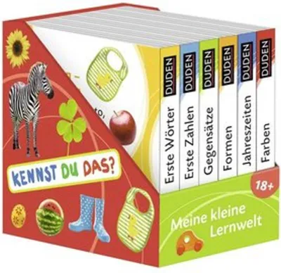 A set of children's learning books in a box, with illustrations and text.