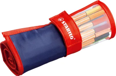 A rolled-up pencil case containing colored pens.