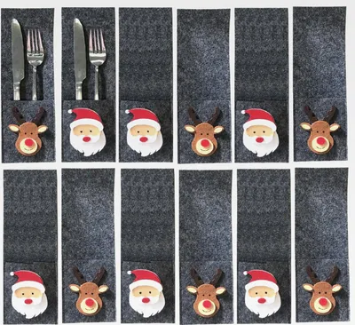 Produktbild von Weihnachtliche Bestecktasche Filz mit Motiv Elch und Weihnachtsmann (12 Stück)