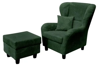 Produktbild von Bequemer Ohrensessel mit Hocker im Landhaus-Stil, B90/H98/T76 cm, hoher Sitzkomfort durch Wellenunterfederung, moderner Lesesessel mit Echtholzfüßen und Zierkissen, Cordstoff in Grün