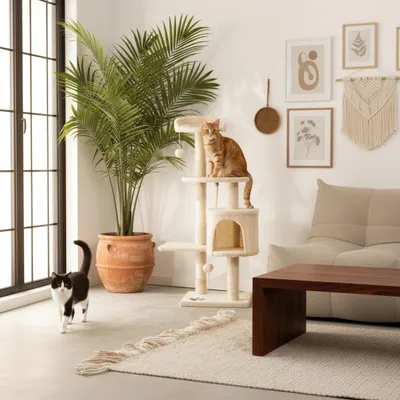 Produktbild von belviona Katzenkratzbaum, kompakter 112 cm Kratzbaum mit Spielbällen, Sisal & Kuschelhöhle, beige
