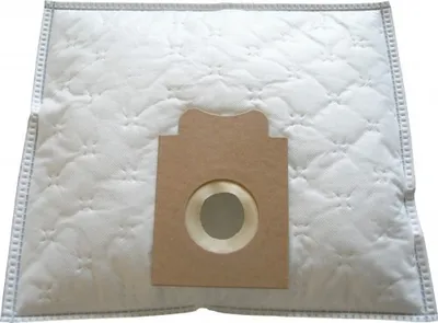 A white vacuum cleaner bag with a brown cardboard attachment and a circular opening.