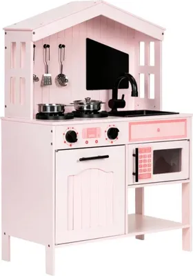 Produktbild von ECOTOYS PLK563P Kinderküche aus Holz mit Backofen, Mikrowelle, Kochplatten und Zubehör, rosa