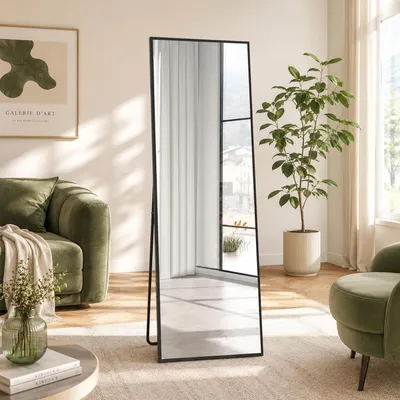 Zdjęcie produktu dla Lustro stojące, pełne, o wymiarach 150 x 50 cm, wykonane z aluminium, kolor czarny, do zawieszenia lub postawienia