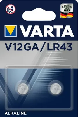 Packaging for Varta V12GA LR43 alkaline batteries.