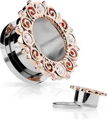 Produktbild von Flesh Tunnel Plug Edelstahl Tribal Zirkonia Kristalle Ohr Piercing Ohrstecker Screw Fit silber-rosegold 14 mm