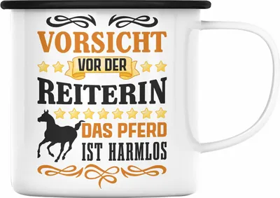 Produktbild von Trendation - Reiterin Mädchen Pferde Geschenk Emaille Tasse Reiten Reiterin Kinder Becher Spruch Lustig Geburtstag (Schwarz)