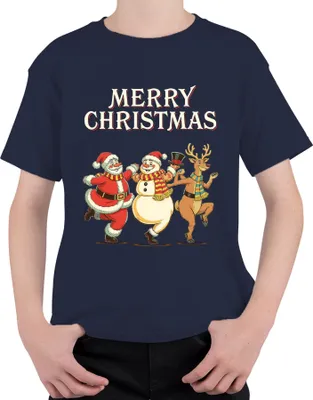 Produktbild von MERRY CHRISTMAS Weihnachtsmann Schneemann Rentier tanzend Vintage Uni Kinder T-Shirt, Navy, 104