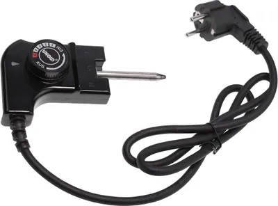 A black thermostat plug with a metal probe and a power cord with a European plug, isolated on a white background.