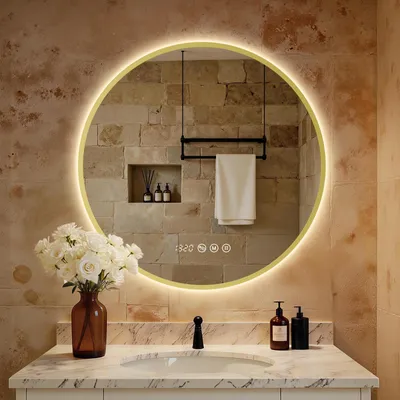 Zdjęcie produktu dla Lustro do łazienki LED, okrągłe, 80 cm, z oświetleniem, złota rama, wykonane z aluminium, 3 barwy światła, możliwość regulacji, funkcja zapobiegająca parowaniu, wbudowany zegar i termometr