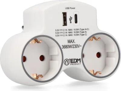Obrázek produktu pro Adaptér se 2 zásuvkami 2p+t Schuko a 2 USB porty (a+c), bílý