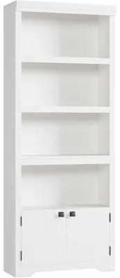 Image de Étagère à livres de 5 niveaux - Meuble de rangement pour salon de style rustique - 2 portes - Étagères réglables - Étagère ouverte antidérapante - Largeur : 80 cm - Blanc