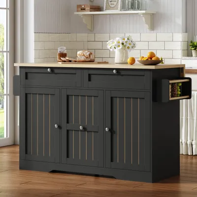 Produktbild von Flieks Kücheninsel mit klappbarer Arbeitsplatte, Servierwagen mit 2-stufigen Schubladen, 2 großen Schubladen, Küchenwagen 120x45(70)x92cm, Schwarz