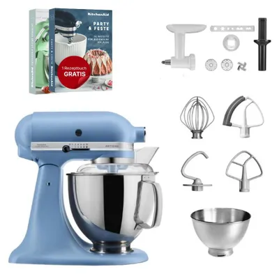 Produktbild von KitchenAid 4,8 L 5KSM175 Artisan Küchenmaschine Set 2 Fleischwolf+Spritzgebäckvorsatz Velvet Blue