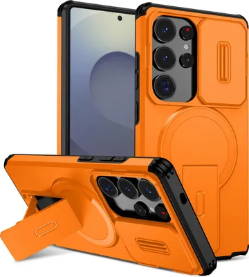 Obrázek produktu pro Magnetické pouzdro pro Samsung Galaxy S25 Ultra, dvouvrstvé odolné pouzdro s posuvnou ochranou fotoaparátu a nastavitelným stojánkem Oranžová