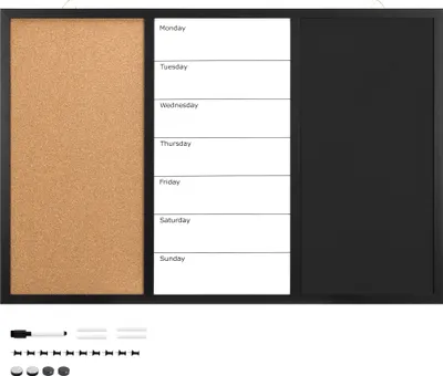 Produktbild von Navaris 3in1 Kombitafel 90x60x1,5cm - Kreidetafel Whiteboard Kork Pinnwand - Memoboard magnetische Seiten Weekly Plan Kreide Pins Magnete