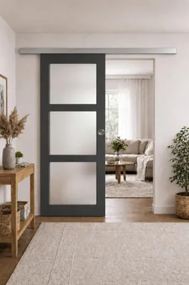 Immagine prodotto di Porta scorrevole Blakeria grigia antracite con vetro H204 x L93 cm, binario in alluminio, gusci GD MENUISERIES