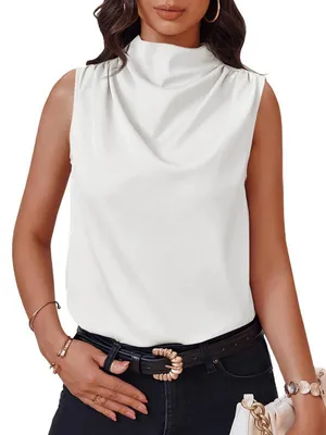 Produktbild von Imily Bela Damen-Stehkragen-Satinweste, Business-Casual-Arbeitsbluse mit Falten, Sommer-Firmenuniform