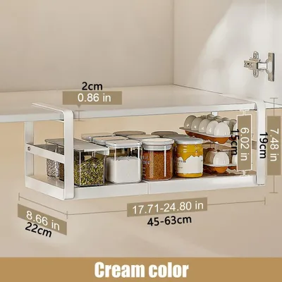 Produktbild von Unterregalkorb - Hängender Aufbewahrungskorb aus Metall - Ausziehbar 45–63 cm - Für Küche/Vorratsraum/Schrank - Mehrzweck - Weiß