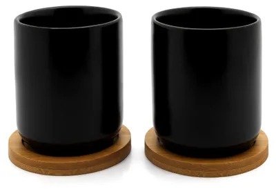 Produktbild von Schwarzes Keramik Teebecher Set mit Holzuntersetzern