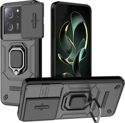 Produktbild von Hülle für Xiaomi 13T / 13T Pro/Redmi K60 Ultra Dual Layer Handyhülle Schiebe Kamera Schutz und Ringhalter Ständer Schwarz