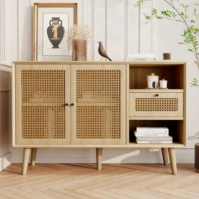 Zdjęcie produktu dla Flieks komoda z drzwiami, szufladami i półką, rattanowa szafka do salonu Siadeboard z regulowaną półką, komoda do przedpokoju, sypialni, 120x40x80cm