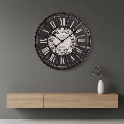 Produktbild von Wanduhr 33 cm Holz & Metall Vintage Shabby Chic, leises Uhrwerk