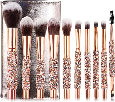 Produktbild von 10-teiliges Make-up-Pinselset mit Diamantgriff, diamantbesetztes Make-up-Pinselset (mit aufrollbarer Ledertasche)