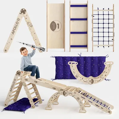 Produktbild von Apollo 5-in-1 Weltraum Kletterset: Montessori Holzspielzeug, Pikler Dreieck, Mondbogen, Rutsche & Netz. NASA-Design für kleine Astronauten!